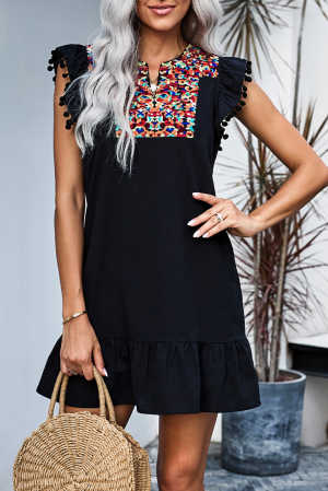 Black Boho Print Pompom Sleeve Shift Dress 52d34