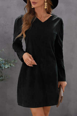 Black Long Puff Sleeve Ribbed Mini Dress 21efe