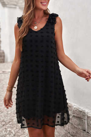 Black Swiss Dot V Neck Ruffled Sleeveless Mini Dress 8a5c2