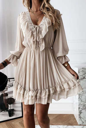 Beige Lacy V Neck Ruffled Mini Dress ade54