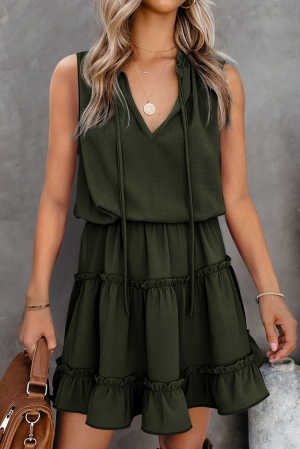 Green Sleeveless V Neck Ruffled Swing Mini Dress d0877