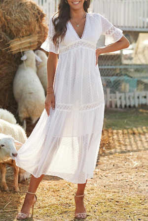 Swiss Dot Lace Trim Maxi Dress ef014