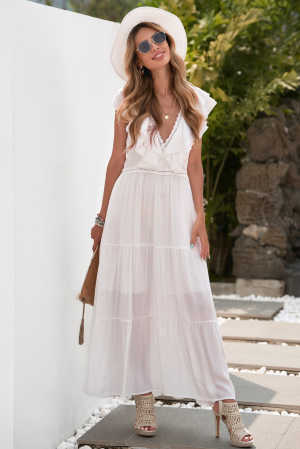 White Lace Splicing Ruffled Deep V Neck Maxi Dress bb743