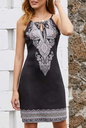 Black Bohemian Print Keyhole Front Dress cce5e