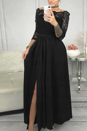 Black Off Shoulder Lace Bodice High Waist Maxi Skirt Evening Dress d2c6e