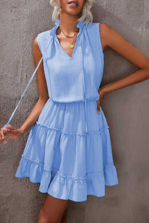 Sky Blue Sleeveless V Neck Ruffled Swing Mini Dress 3a3ad