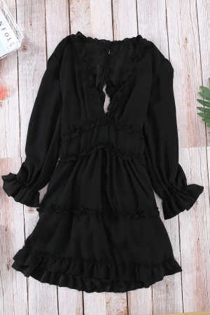 Black V Neck Ruffle Detailing Open Back Dress e11df