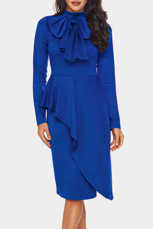 Royal Blue Asymmetric Peplum Style Pussy Bow Dress c24c2