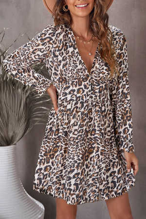 Leopard Ruffle V Neck Long Sleeve Tunic Mini Dress b567c