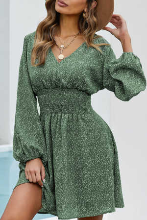 Green V Neck Balloon Sleeve Smocked Waist Printed Mini Dress 0b874