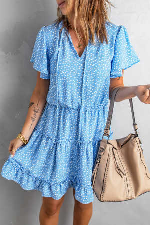 Blue Dotted Print Split Neck Flutter Sleeve Flowy Tunic Mini Dress 303b8