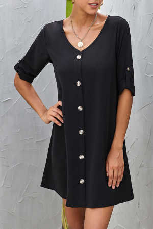 Black V Neck Button Front Roll up Tab Sleeve Dress 31e8c