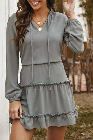 Gray V Neck Long Sleeve Ruffle Tiered Mini Dress e3212