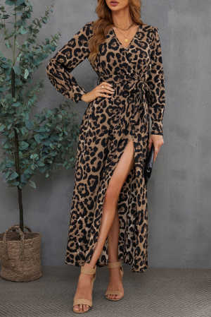 Sexy V Neck Cuffed Sleeve Leopard Maxi Dress 4d968