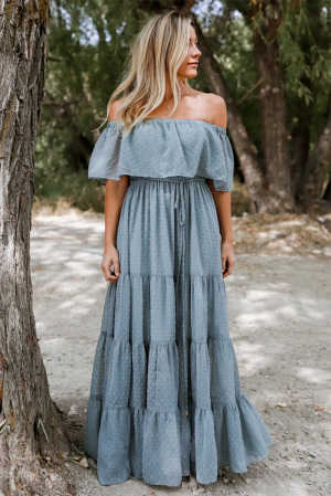 Sky Blue Off Shoulder Ruffle Swiss Dot Maxi Dress 992fe