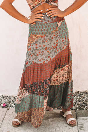 Multicolor Boho Print Tie-Up Waist Long Maxi Skirt 03f00