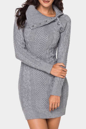 Asymmetric Buttoned Collar Grey Bodycon Sweater Dress f0637