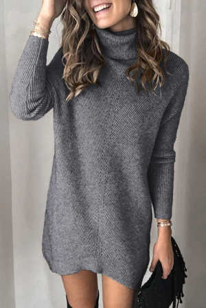 Gray Turtleneck Long Sleeve Knitted Sweater Dress 34b3f