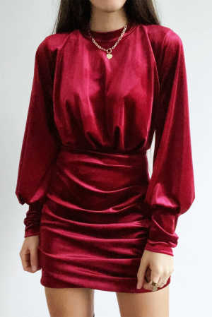 Wine Mock Neck Long Sleeve Ruched Velvet Mini Dress with Hollow-out Back a103c