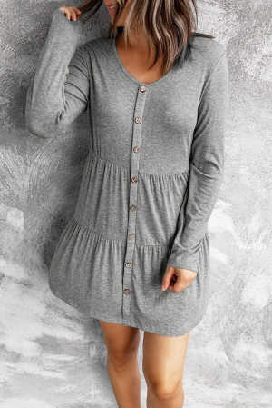 Gray Buttoned A-Line Long Sleeve Mini Dress 07ac7