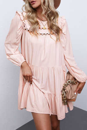 Pink Crewneck Lantern Sleeve Hollow-Out Tiered Dress with Pocket 4cfbb