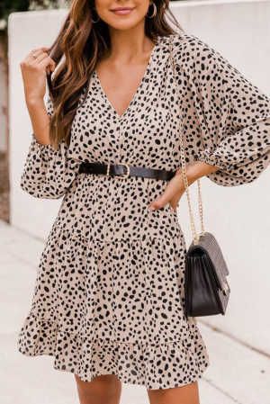 Leopard Print Bubble Sleeve Ruffled V Neck Mini Dress 46fd9