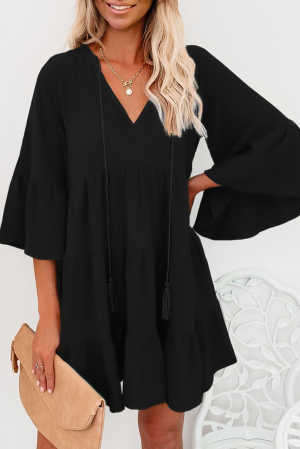 Black Cotton Tiered Babydoll Tunic Dress a5545