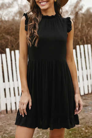 Black Pocketed Ruffle Babydoll Dress 0031c