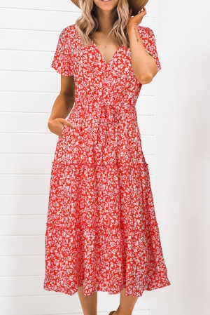 Red Floral Warp V-Neck Short Sleeve Midi Dress 9bfc1