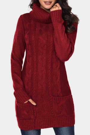 Red Cowl Neck Cable Knit Sweater Dress 06623