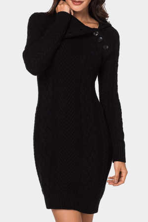 Asymmetric Buttoned Collar Black Bodycon Sweater Dress 7e662