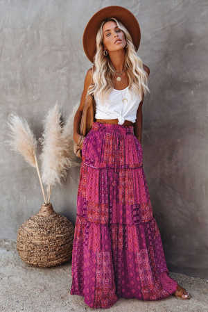 Purple Tiered Paisley Print Pocketed Maxi Skirt 14edc