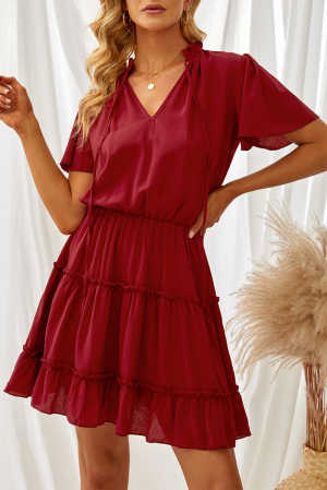 Wine Red V Neck Ruffled Swing Mini Dress e08b4