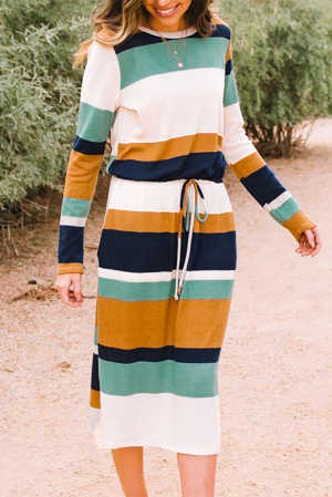 Green Multicolor Block Drawstring Waist Long Sleeve Midi Dress 25e3a