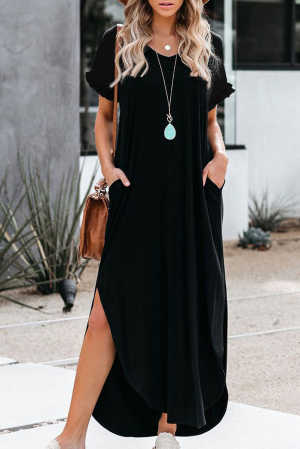 Black Loose Fit Cotton Blend V Neck Maxi Dress with Slits 16bf4