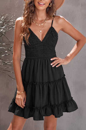 Black Spaghetti Straps V Neck Lace Bodice Ruffled Mini Dress 4a1d9