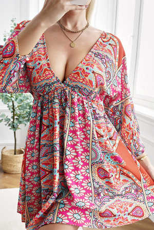 Multicolour V Neck 3/4 Sleeve Bohemian Vintage Print Mini Dress 7285d