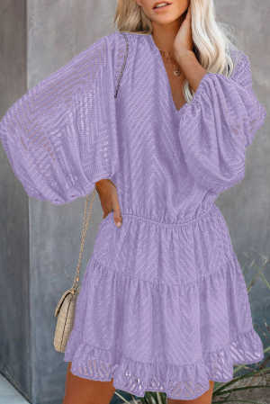 Purple Waved Stripes Textured Balloon Sleeve Tiered Dress ef0ce