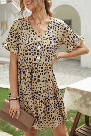 Leopard V Neck Ruffled Mini Dress with Buttons fe9ec