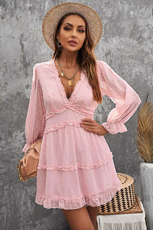 Pink Layered Ruffled Open Back Puff Sleeve Swiss Dot Mini Dress 09aab