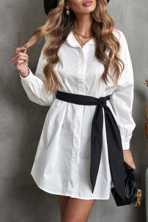 White Boyfriend Oversize Long Sleeve Shirt Dress with Belt 90a89