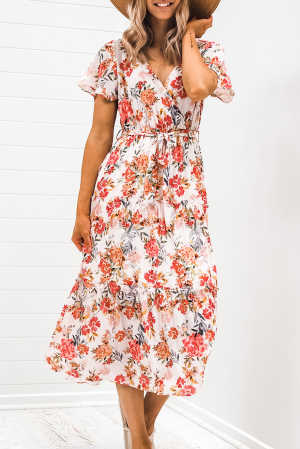 Floral Warp V-Neck Short Sleeve Midi Dress 90d12