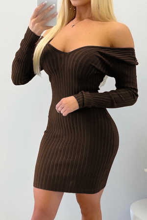 Brown Off the Shoulder Ribbed Bodycon Mini Dress 3f93a