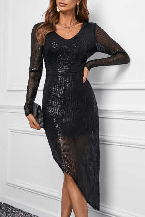 Black V Neck Long Sleeve Asymmetric Sequin Dress 99995