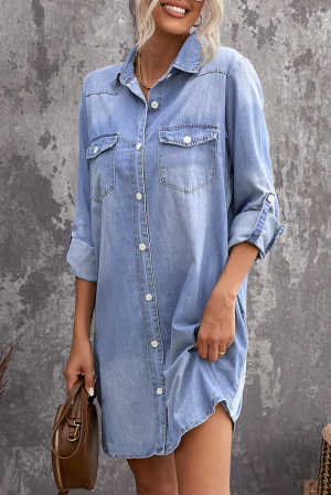 Long Sleeve Pocket Buttoned Denim Shirt Dress 2e2a7