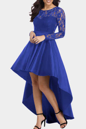 Royal Blue Long Sleeve Lace High Low Satin Prom Dress 71845