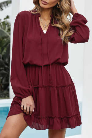 Wine V Neck Long Sleeve Ruffle Tiered Mini Dress 93c13