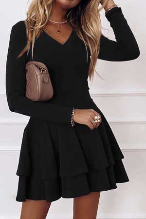 Long Sleeve V Neck Tiered Ruffle A-line Mini Dress 49443