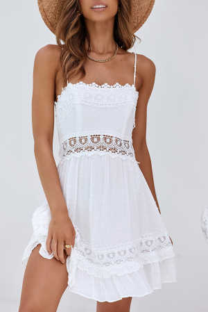 White Crochet Hollow-out Slip Dress with Ruffled Hemline e7e1d