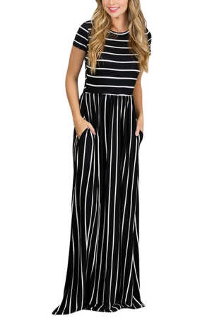 White Striped Black Short Sleeve Maxi Dress 110f8